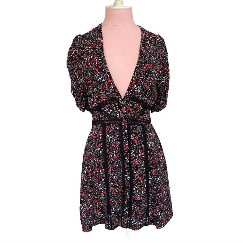 Free People Black Mini Dress with Red & White Floral Print